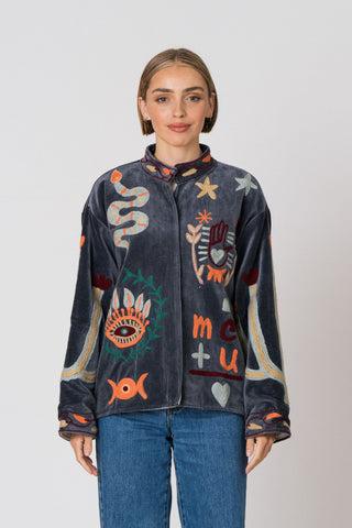 Embroidered Velvet Jacket - Petrol Snake