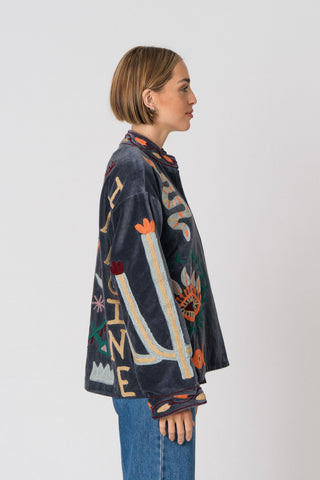 Embroidered Velvet Jacket - Petrol Snake