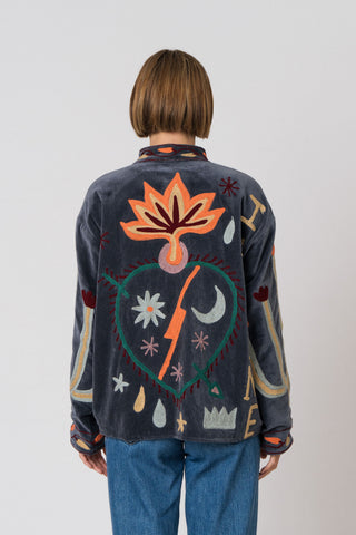 Embroidered Velvet Jacket - Petrol Snake