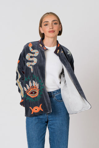 Embroidered Velvet Jacket - Petrol Snake