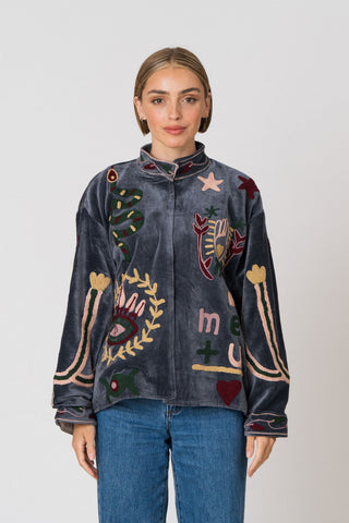 Embroidered Velvet Jacket - Petrol Snake