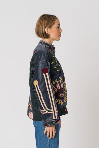Embroidered Velvet Jacket - Petrol Snake