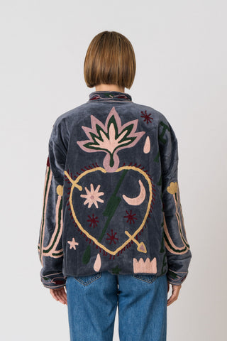 Embroidered Velvet Jacket - Petrol Snake
