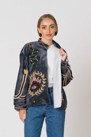 Embroidered Velvet Jacket - Petrol Snake