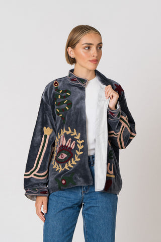 Embroidered Velvet Jacket - Petrol Snake
