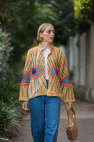 Embroidered Velvet Jacket - Beige Eye