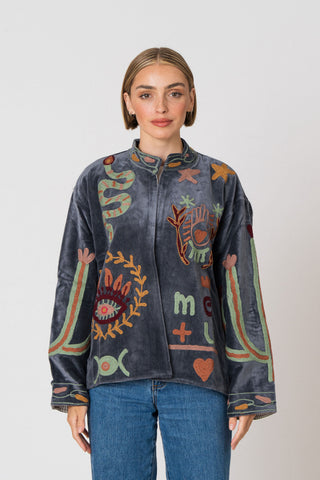 Embroidered Velvet Jacket - Petrol Snake