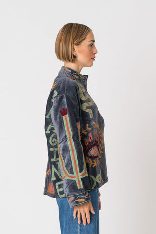 Embroidered Velvet Jacket - Petrol Snake