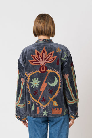 Embroidered Velvet Jacket - Petrol Snake