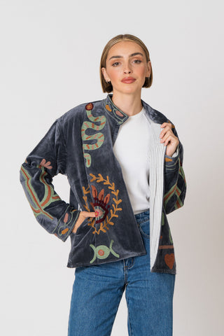 Embroidered Velvet Jacket - Petrol Snake