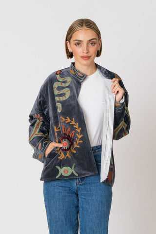 Embroidered Velvet Jacket - Petrol Snake