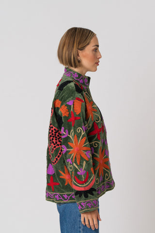 Embroidered Velvet Jacket - Green Multi-Pattern