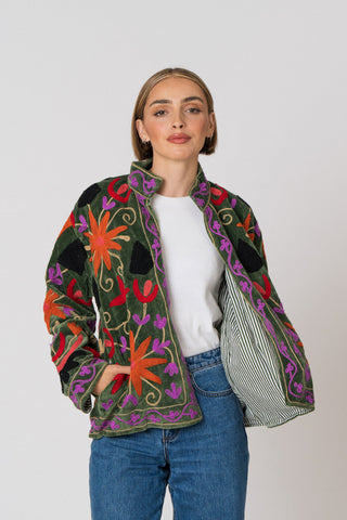 Embroidered Velvet Jacket - Green Multi-Pattern