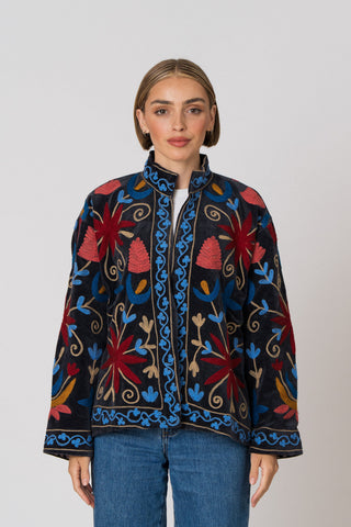 Embroidered Velvet Jacket - Black Multi-Pattern