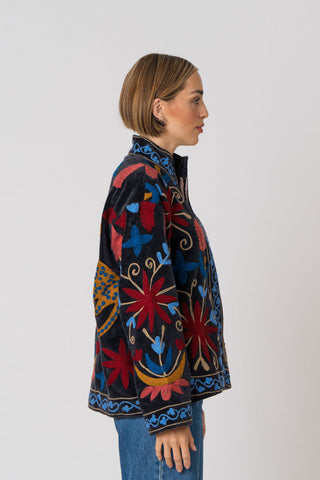 Embroidered Velvet Jacket - Black Multi-Pattern