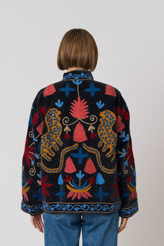 Embroidered Velvet Jacket - Black Multi-Pattern