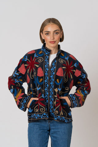 Embroidered Velvet Jacket - Black Multi-Pattern