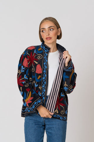 Embroidered Velvet Jacket - Black Multi-Pattern