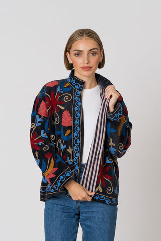 Embroidered Velvet Jacket - Black Multi-Pattern
