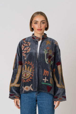 Embroidered Velvet Jacket - Petrol Snake