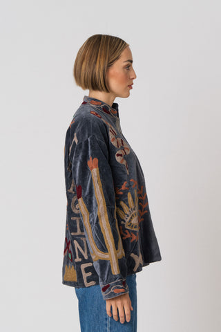 Embroidered Velvet Jacket - Petrol Snake