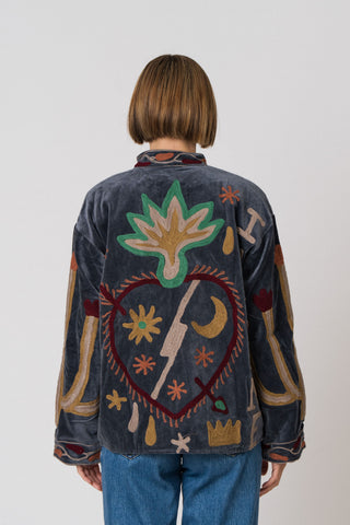 Embroidered Velvet Jacket - Petrol Snake