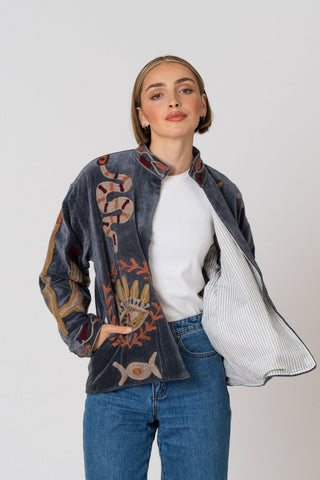 Embroidered Velvet Jacket - Petrol Snake