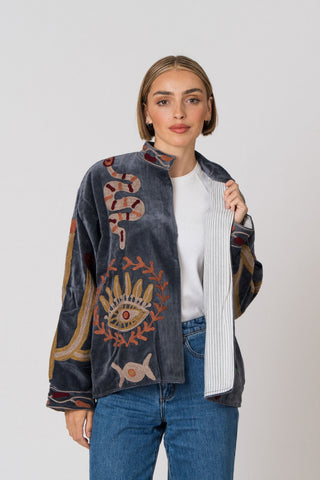 Embroidered Velvet Jacket - Petrol Snake