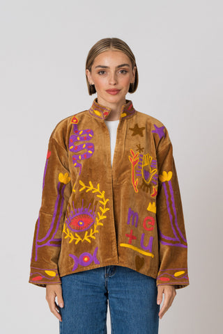 Embroidered Velvet Jacket - Camel Snake