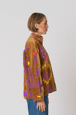Embroidered Velvet Jacket - Camel Snake