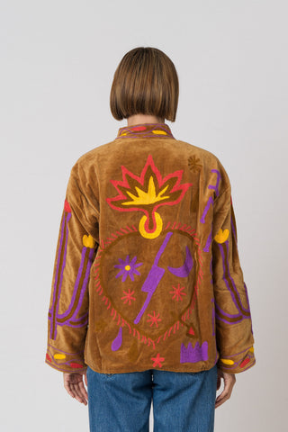 Embroidered Velvet Jacket - Camel Snake