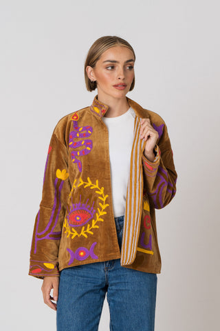 Embroidered Velvet Jacket - Camel Snake