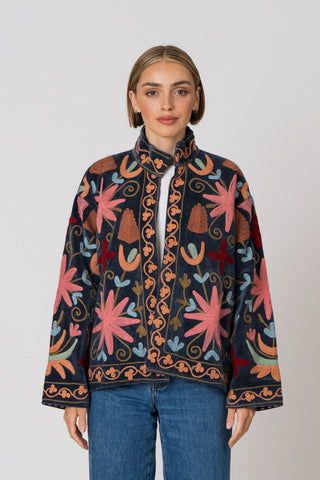 Embroidered Velvet Jacket - Petrol Multi-Pattern