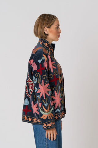 Embroidered Velvet Jacket - Petrol Multi-Pattern