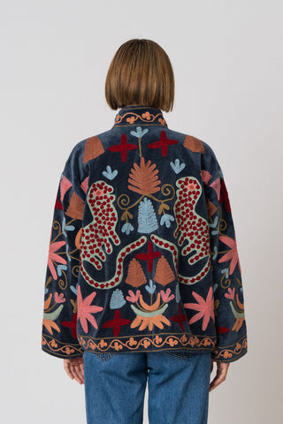 Embroidered Velvet Jacket - Petrol Multi-Pattern