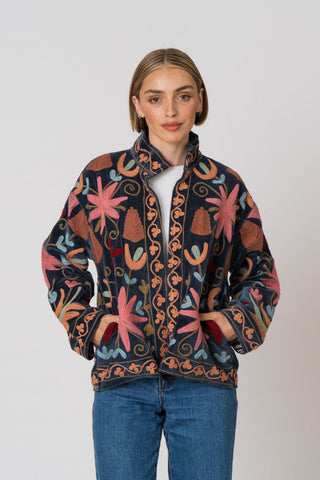 Embroidered Velvet Jacket - Petrol Multi-Pattern