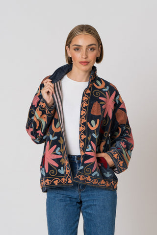 Embroidered Velvet Jacket - Petrol Multi-Pattern