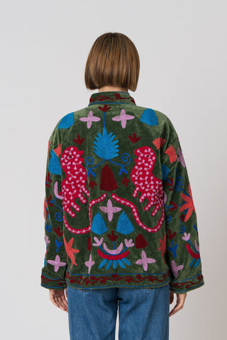 Embroidered Velvet Jacket - Green Multi-Pattern