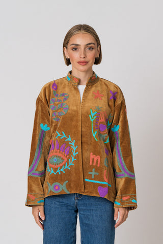 Embroidered Velvet Jacket - Camel Snake