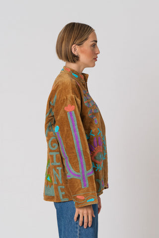 Embroidered Velvet Jacket - Camel Snake
