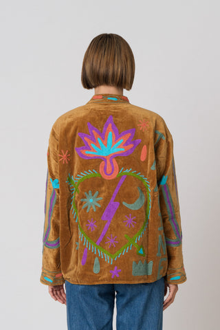 Embroidered Velvet Jacket - Camel Snake