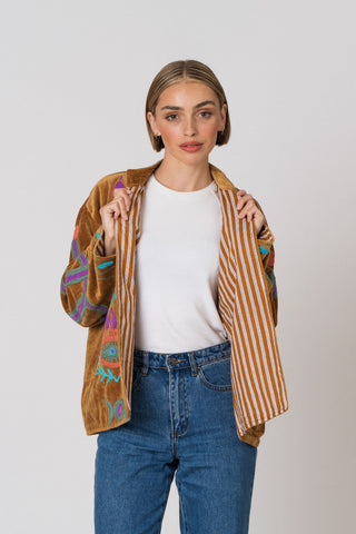 Embroidered Velvet Jacket - Camel Snake