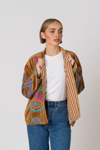 Embroidered Velvet Jacket - Camel Snake