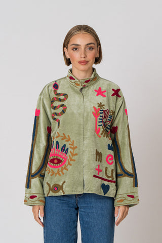 Embroidered Velvet Jacket - Light Green Snake