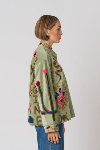 Embroidered Velvet Jacket - Light Green Snake