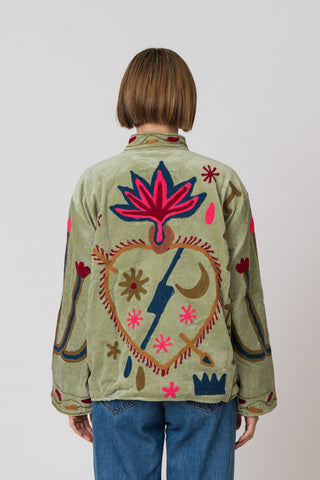 Embroidered Velvet Jacket - Light Green Snake
