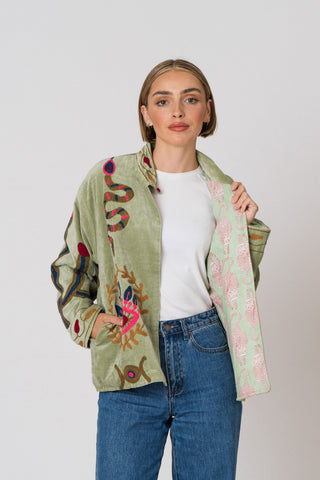 Embroidered Velvet Jacket - Light Green Snake