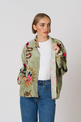 Embroidered Velvet Jacket - Light Green Snake