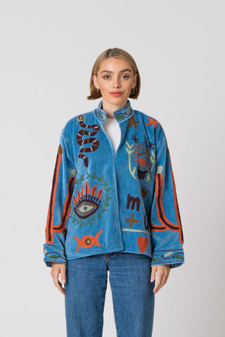 Embroidered Velvet Jacket - Blue with snake detail