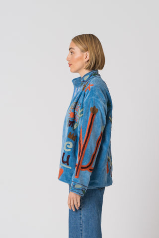 Embroidered Velvet Jacket - Blue with snake detail